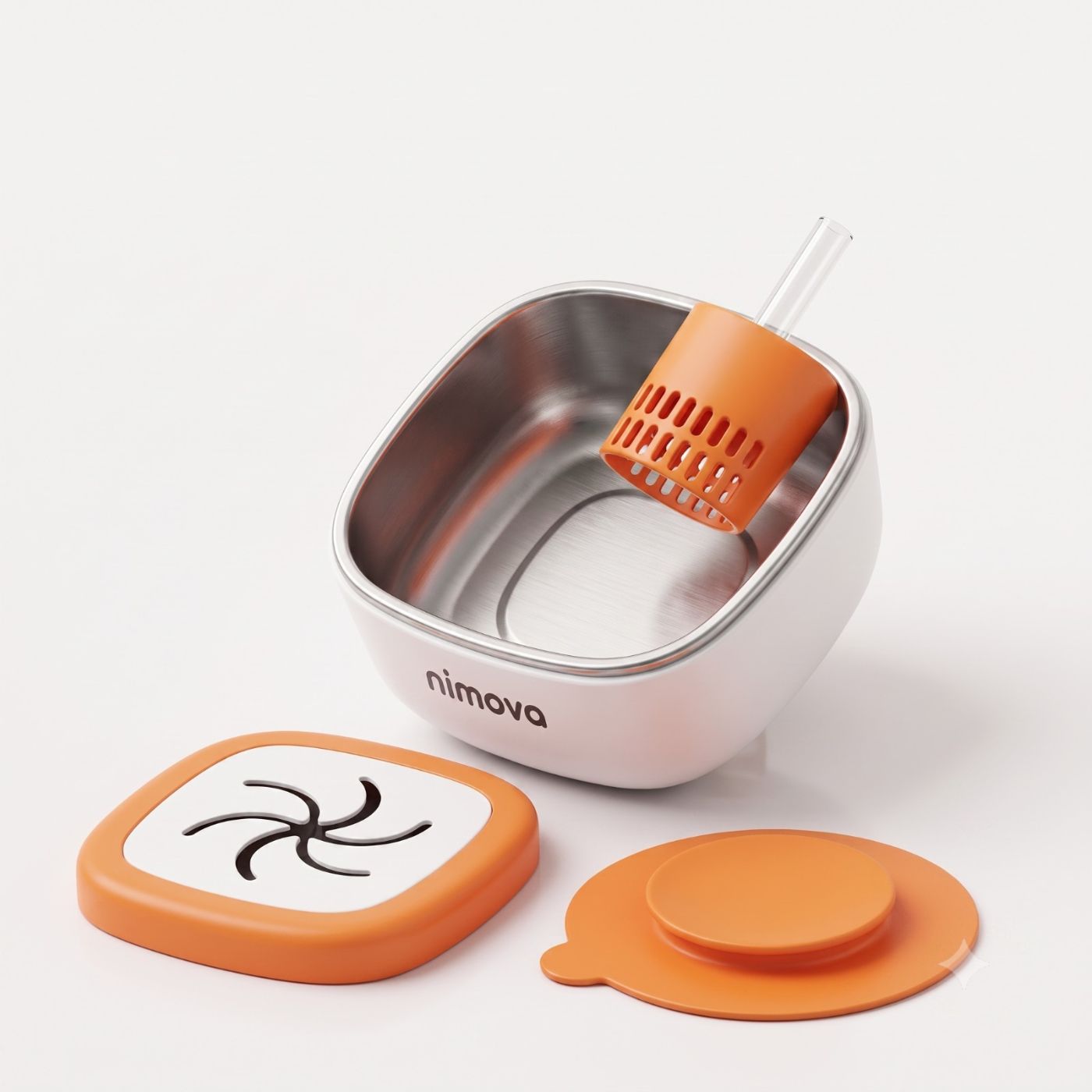 The 3-in-1 bowl shown as a steel bowl, a straw cup and a snack bowl